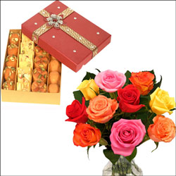 "12 mixed roses in a vase , 500gms of assorted sweets - Click here to View more details about this Product